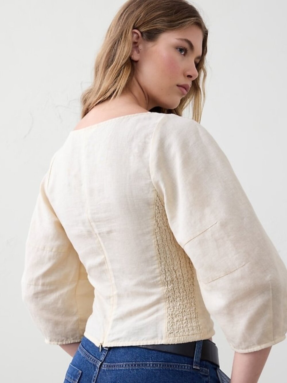 White Creme Banana Republic Linen-Blend Seamed Top Square Neck Smocked Balloon - Picture 2 of 16